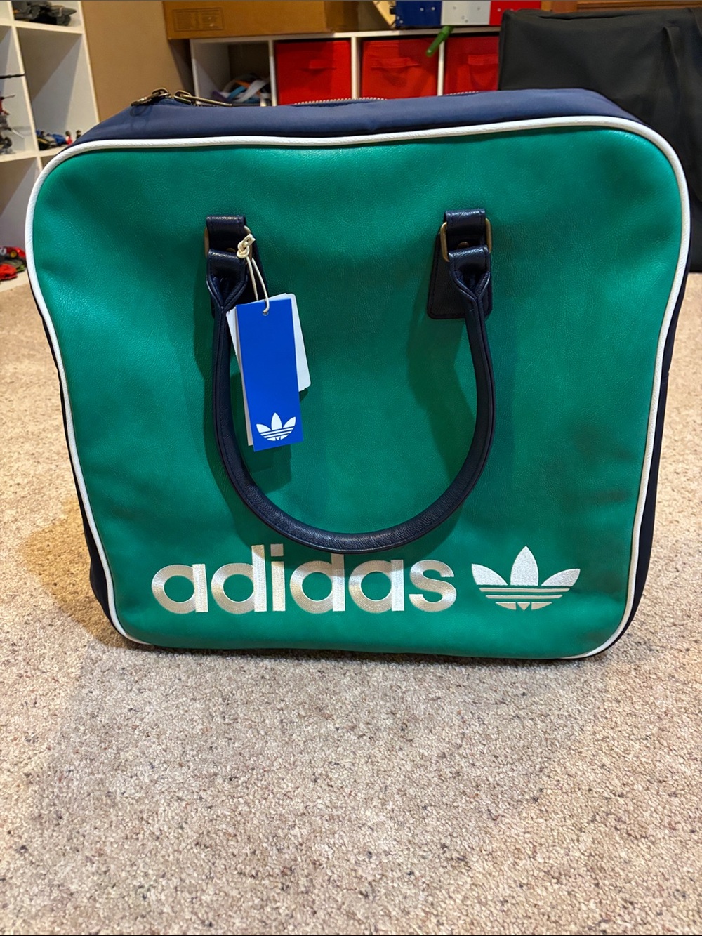 adidas Green and Navy Retro Trefoil Carry Bag brand new with tags: leather front